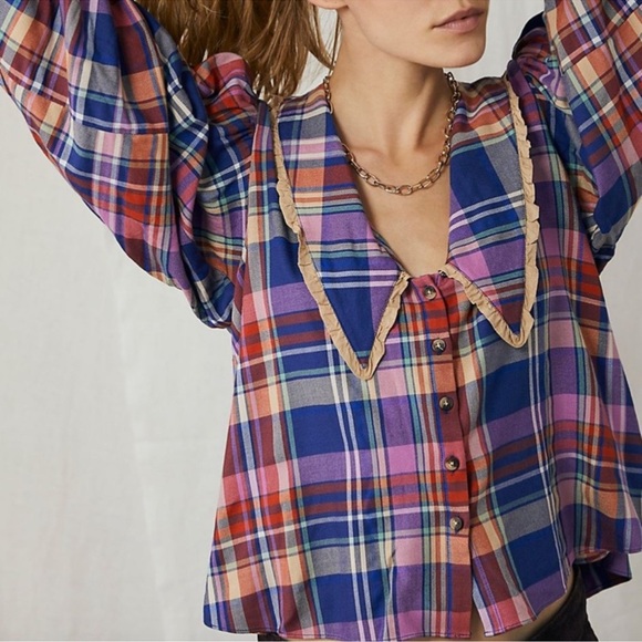 Free People Bexley Balloon Sleeve Plaid Top Relaxed Oversize Fit XS Button Front - Picture 1 of 16